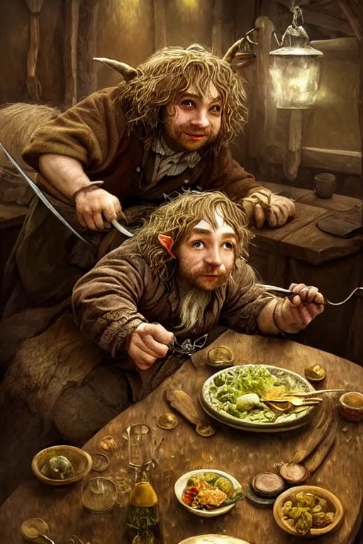 Prompt: dirty faced and very happy looking hobbit looking the table full of food, fantasy, intricate, elegant, highly detailed, digital painting, artstation, concept art, addiction, chains, smooth, sharp focus, illustration, art by Ilja Repin