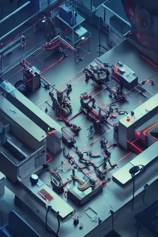 Prompt: top view photorender of many mechanics in lab facility looking at bloody disney mouse head lifted by claw, made by beeple, cgsociety, artgerm, greg rutkowski, highly detailed intricate 4 k art, low light cinematic, octane render, unreal engine, smooth concept art