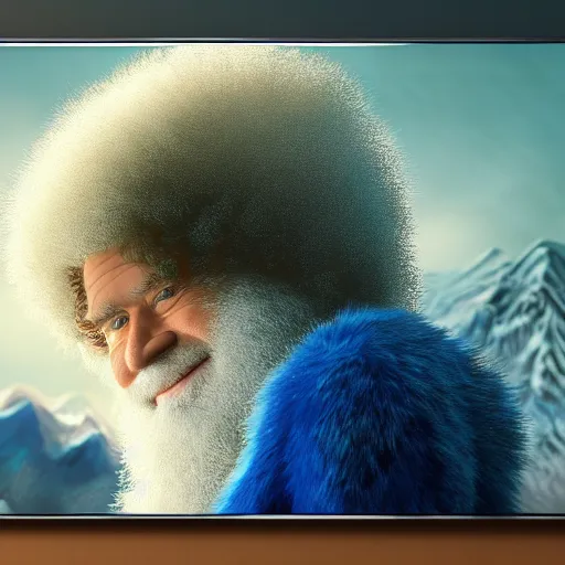 Prompt: a closeup photorealistic photograph of bob ross working on a canvas painting sonic the hedgehog. film still. brightly lit scene. mountain scape. this 4 k hd image is trending on artstation, featured on behance, well - rendered, extra crisp, features intricate detail, epic composition and the style of unreal engine.