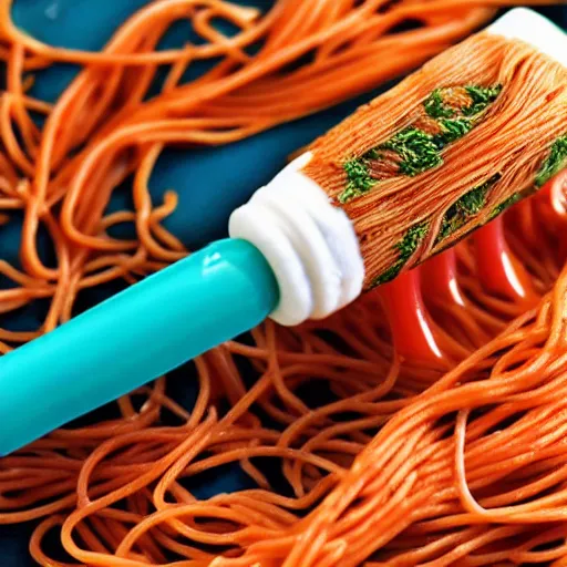 Prompt: spaghetti flavored toothpaste, close up photo