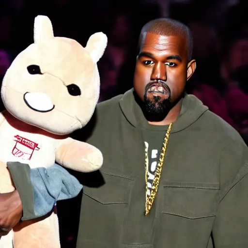 Image similar to kanye west holding a pete davidson plush toy