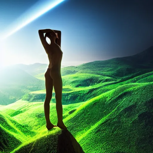 Prompt: human form showing visible refraction against a lush landscape high definition photography