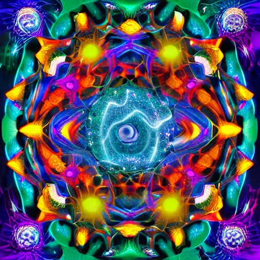 Image similar to rick and morty style mandala flowing through an effervescent universe creating arcine galaxies with light