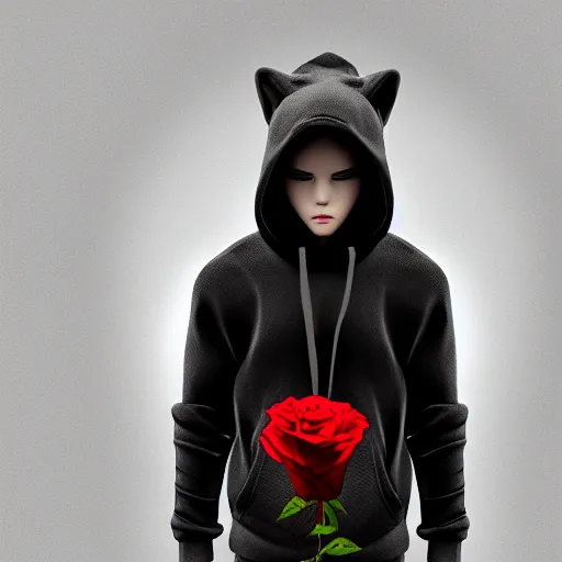 Image similar to wolf like a human, dressed black hoodie, holding red rose in hand, trending on ArtStation, octane render, blender, 8k,