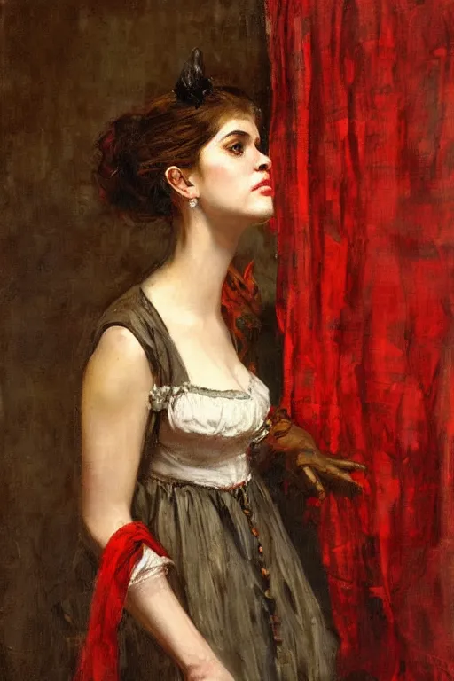 Image similar to Solomon Joseph Solomon and Richard Schmid and Jeremy Lipking victorian genre painting full length portrait painting of a young beautiful woman traditional german french barmaid pirate wench in fantasy costume, red background