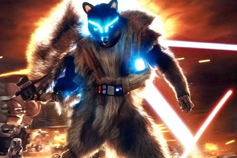 Prompt: marvel rocket racoon wearing a cyberpunk suit, in a still of the movie star wars episode one the phantom menace ( 1 9 9 9 )