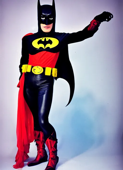 Image similar to a fashion portrait photograph by david lachapelle of a man in a batman costume, cosplay, 3 5 mm, color film camera, pentax