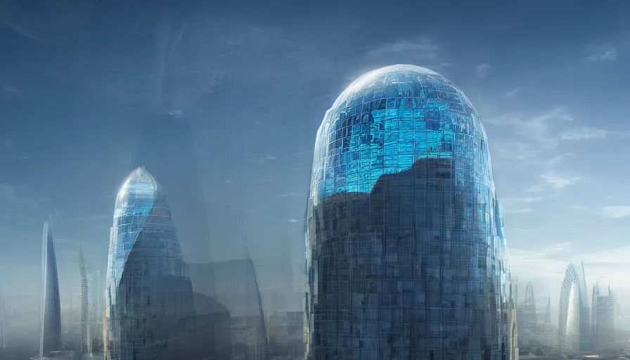 Prompt: giant glass skyscraper with a blue dome on the roof built in london, sunny day, hyperdetailed, artstation, cgsociety, 8 k