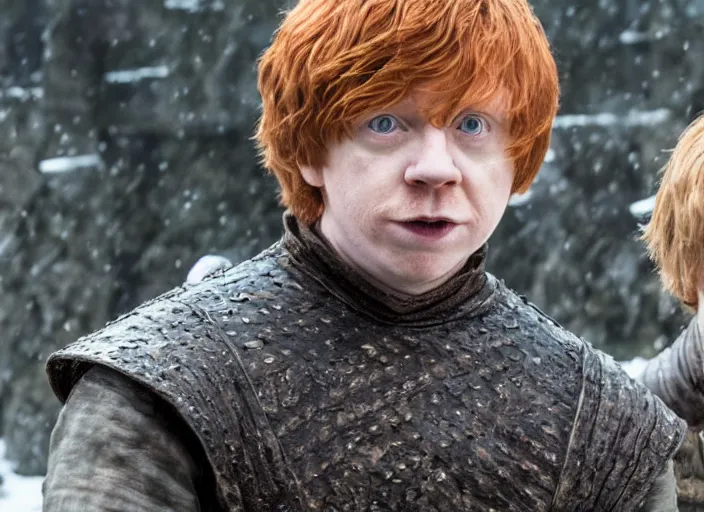Prompt: ron weasley as thehnellor in game of thrones, rupert grint as thehnellor in game of thrones, live action film, cinematic photo, clear hd image