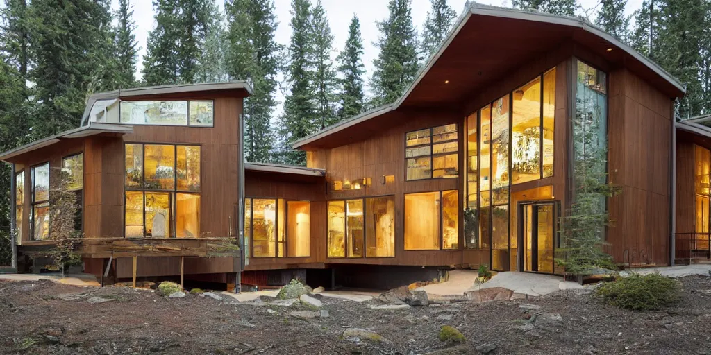 Prompt: large modern lodge type residence, cascadian, cedar and concrete, many large windows