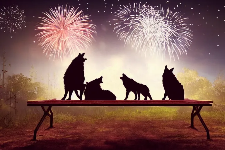 Image similar to two wolves sitting on a bench in a park at night watching fireworks, artstation, 4k