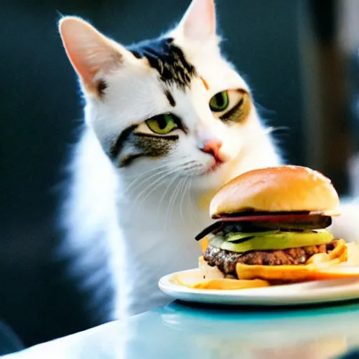 Cat munching on a hamburger