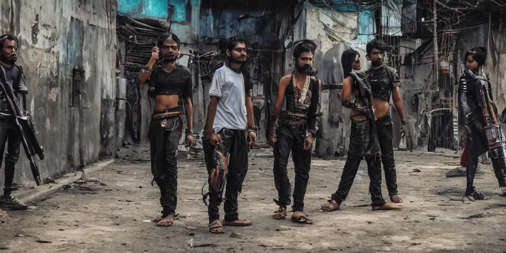 Prompt: sri lankan cyberpunk gang, film still, epic shot cinematography, rule of thirds, fantasy movie style