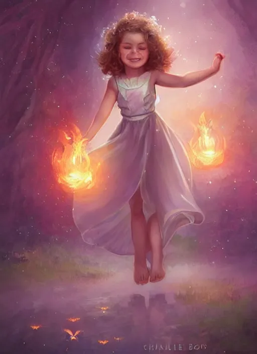 Prompt: A cute little girl with short curly brown hair with a happy expression wearing a summer dress dancing with fireflies, she is in the distance. beautiful fantasy art by Charlie Bowater.