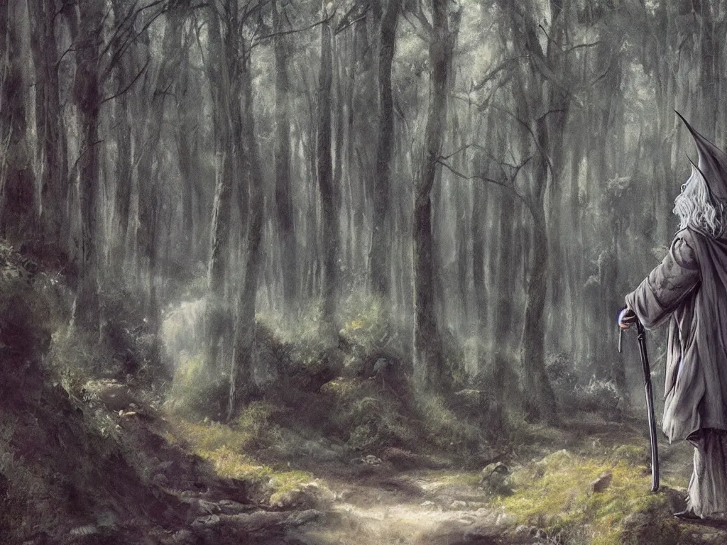 Image similar to Gandalf the Grey travelling in the forest, neo-romanticism, colorful
