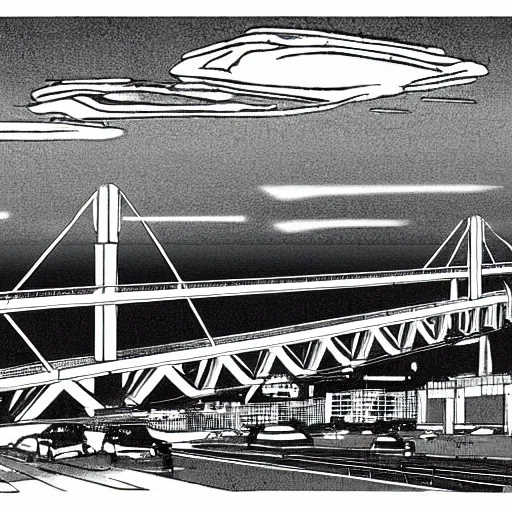 Image similar to night scene of future bridge illustrated by arai yoshimune