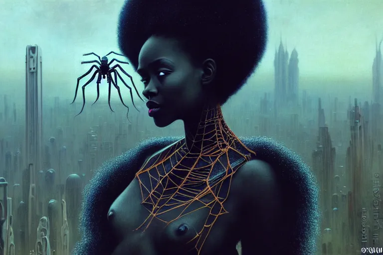 Image similar to realistic detailed portrait movie shot of a beautiful black woman with a giant spider, dystopian city landscape background by denis villeneuve, amano, yves tanguy, alphonse mucha, max ernst, kehinde wiley, jean delville, david lynch, roger dean, cyber necklace, rich moody colours, sci fi patterns, dramatic, wide angle