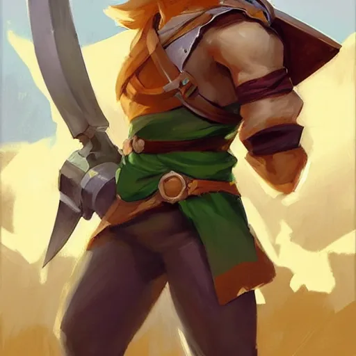 Image similar to greg manchess portrait painting of link from legend of zelda as overwatch character, medium shot, asymmetrical, profile picture, organic painting, sunny day, matte painting, bold shapes, hard edges, street art, trending on artstation, by huang guangjian and gil elvgren and sachin teng