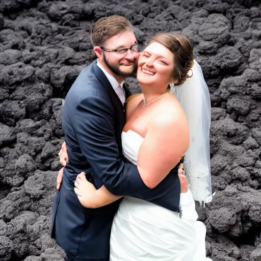 Prompt: a bride and groom embrace in the lava of an active volcano, wedding photo