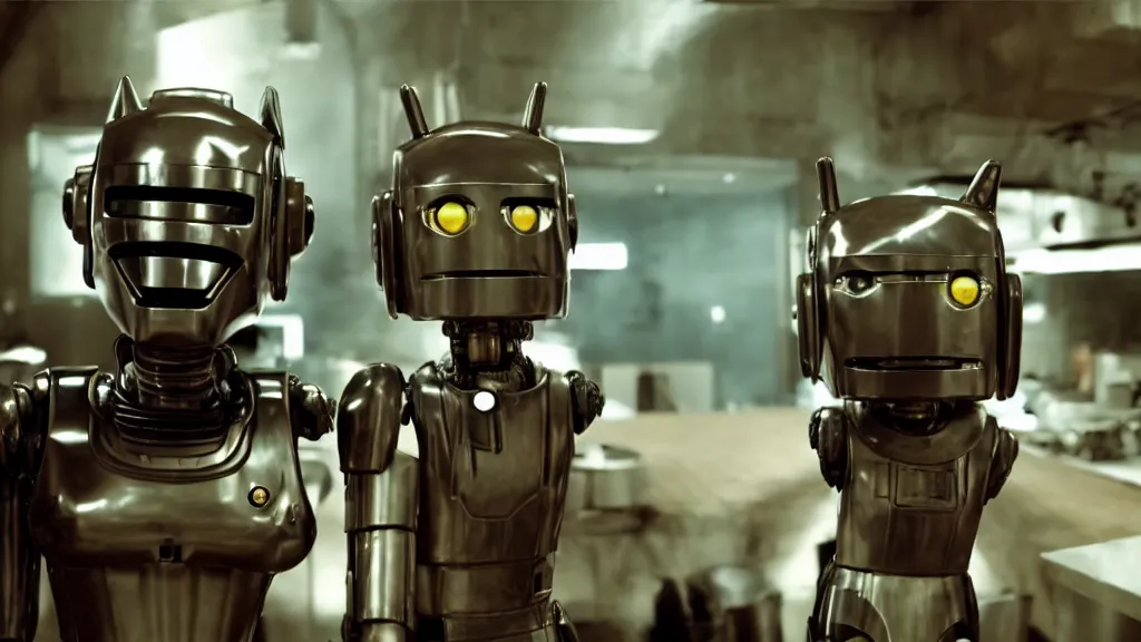 Image similar to film still from the movie chappie of the robot chappie shiny metal indoor cottage kitchen whimsy chef scene bokeh depth of field several figures furry anthro anthropomorphic stylized cat ears head android service droid robot machine fursona