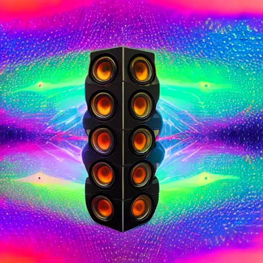 Image similar to a multicolored image of a speaker surrounded by speakers, a hologram by barclay shaw, shutterstock contest winner, holography, holographic, ray tracing, psychedelic