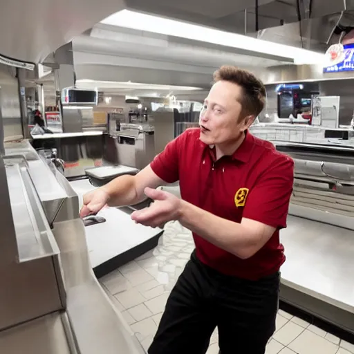 Image similar to elon musk working at burger king, elon musk working the register at a fast food restaurant