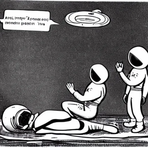 Prompt: astronaut performing CPR, on an injured astronaut, in orbit, 1950s cartoon style