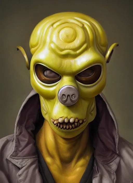 Image similar to marble homer simpson mf doom reptile eyes, polished yellow skin, centered, digital painting, artstation, concept art, smooth, sharp focus, illustration, artgerm, tomasz alen kopera, peter mohrbacher, donato giancola, joseph christian leyendecker, wlop, frank frazetta