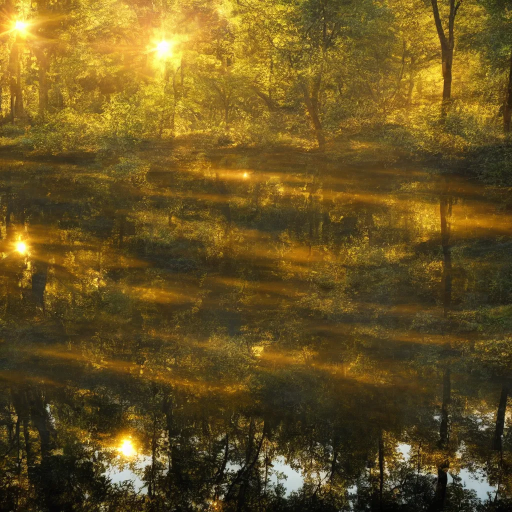 Image similar to river in a forest, golden hour, ray tracing reflection, 8 k, hyper realistic, insainly detailed, hdr, octan render