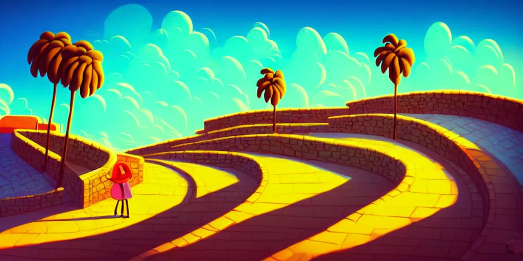 Prompt: curled perspective digital art of curvy clouds cobblestone street to a casino in top of a hill with palmtrees by anton fadeev from nightmare before christmas