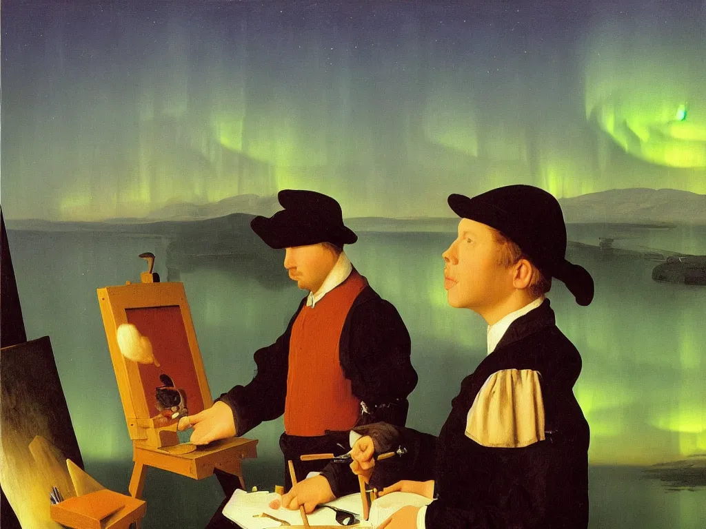 Prompt: portrait of a young painter at his easel, canvas. landscape with iceberg, aurora. painting by jan van eyck, rene magritte, agnes pelton