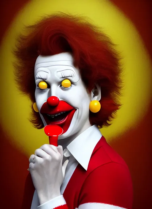 Prompt: close up portrait of ronald mcdonald, red nose and hair, yellow jumper, white collar with red and white striped sleeves by artgerm, cushart krenz, greg rutkowski, mucha. art nouveau. gloomhaven, swirly lunar ripples, pale colors, sharp edges. ultra clear detailed. 8 k. elegant, intricate, octane render