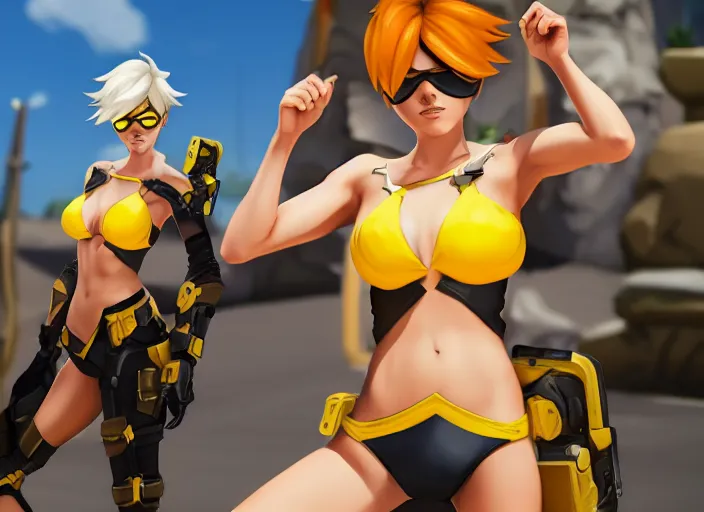 Image similar to tracer game character, in yellow bikini, blonde hair, black eyes, full height