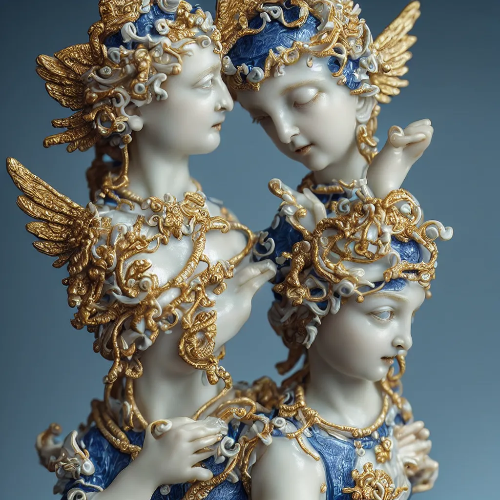 Image similar to a closeup photo - real delicate ceramic porcelain sculpture of an ornate detailed of an angel in front of an intricate background by rafael, micro detail, backlit lighting, subsurface scattering, translucent, thin porcelain, octane renderer, black and blue and gold jewelry, physically based rendering, trending on cgsociety