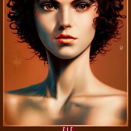 Image similar to Lofi vaporwave cyberpunk portrait woman with short brown curly hair, Pixar style, Tristan Eaton, Stanley Artgerm, Tom Bagshaw