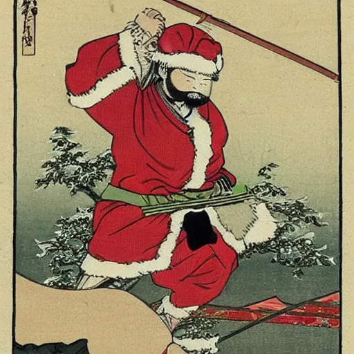 Image similar to santa as a samurai. traditional japanese art.