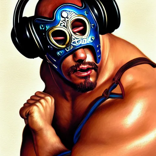 Image similar to portrait of lucha libre dj, muscular, headphones, thick golden ring around the neck, fantasy, intricate, elegant, highly detailed, digital painting, artstation, concept art, smooth, sharp focus, illustration, art by tom of finland and artgerm and greg rutkowski and alphonse mucha