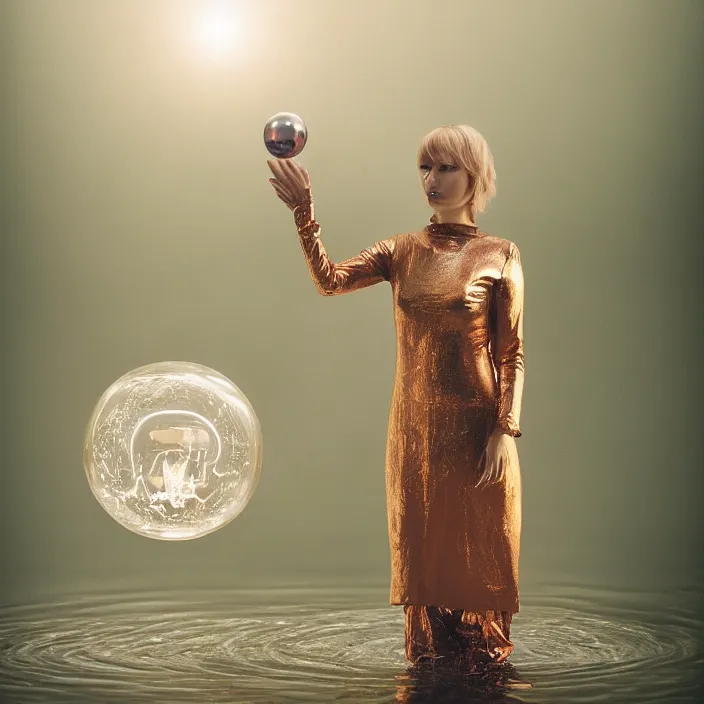 Image similar to a closeup portrait of a woman wrapped in plastic, standing next to a levitating copper orb, in a misty pond, color photograph, by vincent desiderio, canon eos c 3 0 0, ƒ 1. 8, 3 5 mm, 8 k, medium - format print