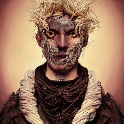 Image similar to portrait of a Shibari rope wrapped face and neck, headshot, insanely nice professional hair style, dramatic hair color, digital painting, of a old 17th century, old cyborg merchant, amber jewels, baroque, ornate clothing, scifi, realistic, hyperdetailed, chiaroscuro, concept art, art by Franz Hals and Jon Foster and Ayami Kojima and Amano and Karol Bak,