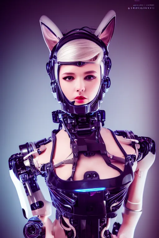 Image similar to cybernetic ultra high tech female robot with cat ears, neo - rococo, sci - fi, cyberpunk, high tech, futurism, exoskeleton, symmetry, cinematic, elegant, luxury, perfect light, perfect composition, dlsr photography, sharp focus, 8 k, ultra hd, sense of awe, highly detailed, realistic, intricate, science journal cover