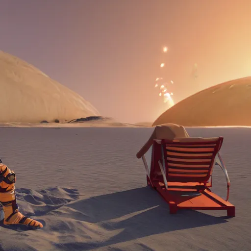 Prompt: an astronaut sitting on a beach chair in a tropical resort, photorealistic, unreal engine, ray traced, environment, nebula, space, nasa