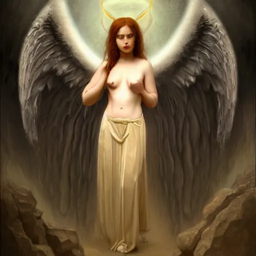 Image similar to angel standing in the front of gates of hell. angel is holdind large 6 of spades card. digital painting. art station. mood lighting. skindness, highly detailed, concept art, intricate, sharp focus, einar jonsson and bouguereau - h 1 2 0 0