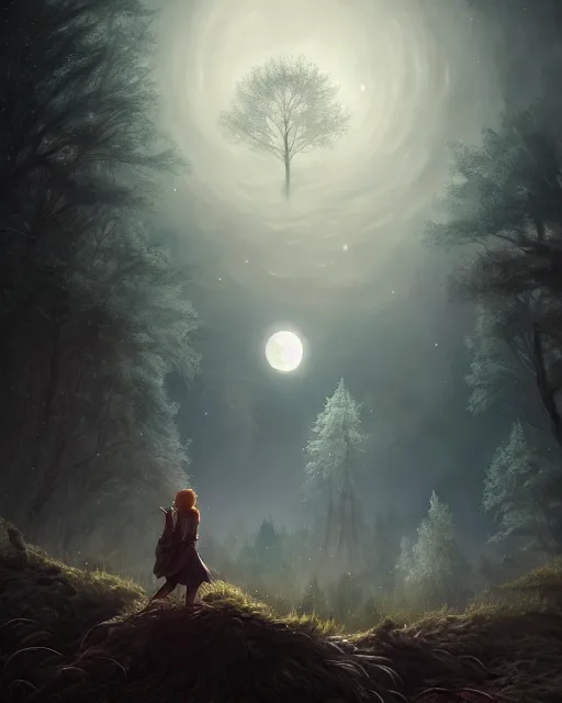 Prompt: girl looks at the space, d & d, fantasy, mist, full moon in background, trees, hyper detailed, art by artgerm and greg rutkowski and magali villeneuve, midium shot, 8 k realistic, cryengine, digital painting, trending on artstation, concept art, sharp focus, illustration,