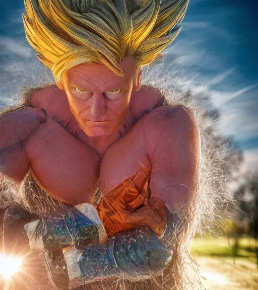 Image similar to award winning 5 5 mm close up portrait color photo of super saiyan trump, in a park by luis royo and stefan kostic. soft light. sony a 7 r iv