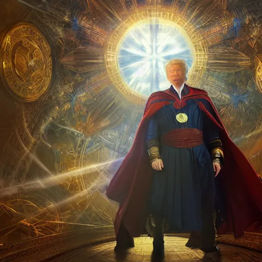 Image similar to donald trump as doctor strange, radiant light, caustics, heroic, bright iridescent light, by gaston bussiere, bayard wu, greg rutkowski, maxim verehin