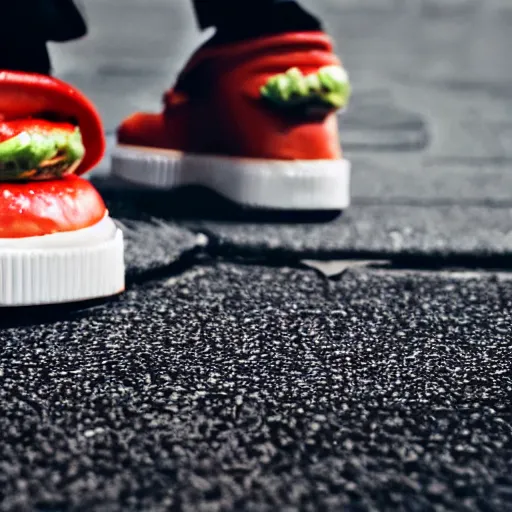 Image similar to an close - up photograph of burger get trampled by shoe, focus and detail, sharp, 4 k