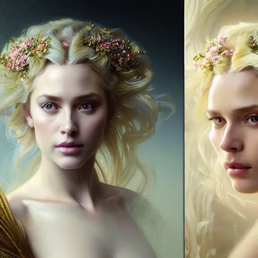 Image similar to portrait painting of a beautiful blonde woman with a kind face wearing a feathered cloak and a fancy silk white dress, ultra realistic, concept art, intricate details, eerie, highly detailed, photorealistic, octane render, 8 k, unreal engine. art by artgerm and greg rutkowski and charlie bowater and magali villeneuve and alphonse mucha