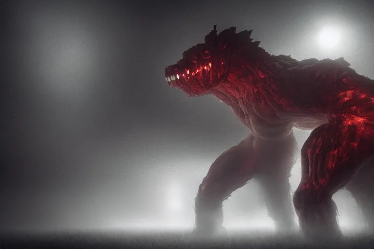 Image similar to a giant monster made of flesh and muscles, very angry, misty, foggy, ambient light, terror, glows,