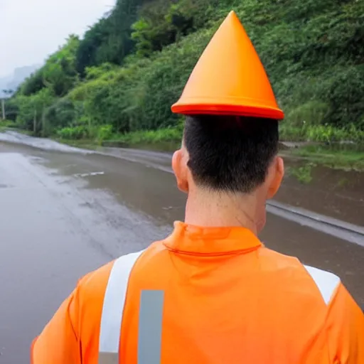 Image similar to man with traffic cone for head showering in rice