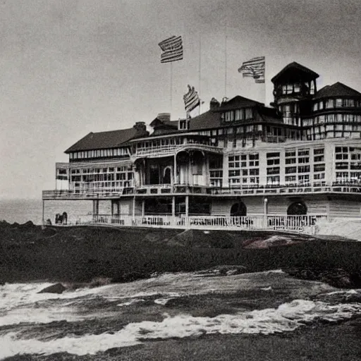 Prompt: San Francisco's iconic Cliff House before it was ruined by fire in 1907, full color